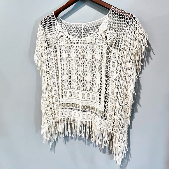 Beige Crochet Lace Embroidered Coverup Blouse Batwing Sleeve Loose Fit - Picture 9 of 16